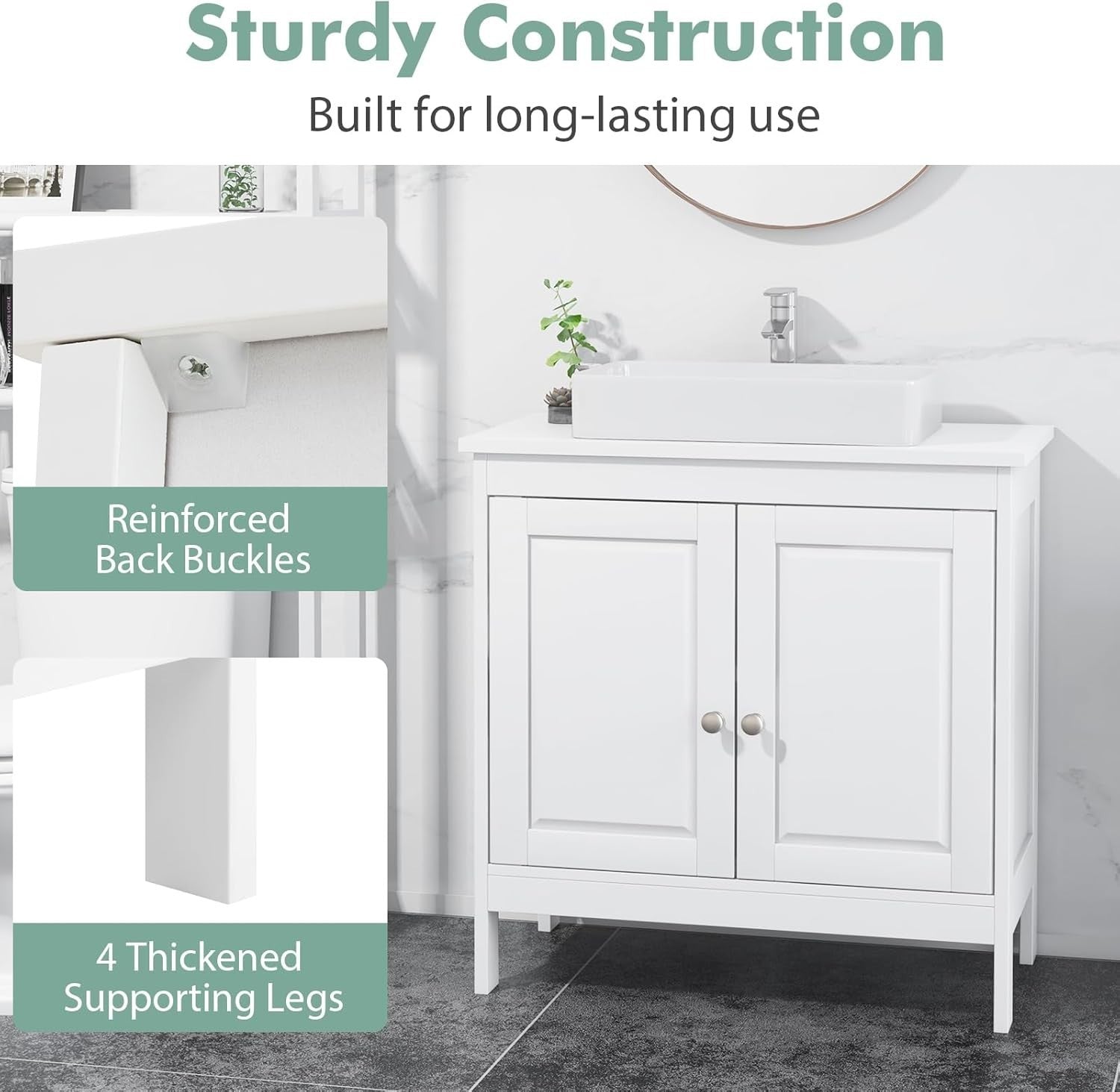 Under Sink Bathroom Cabinet 2 Door Storage Cupboard 60x30x62cm White