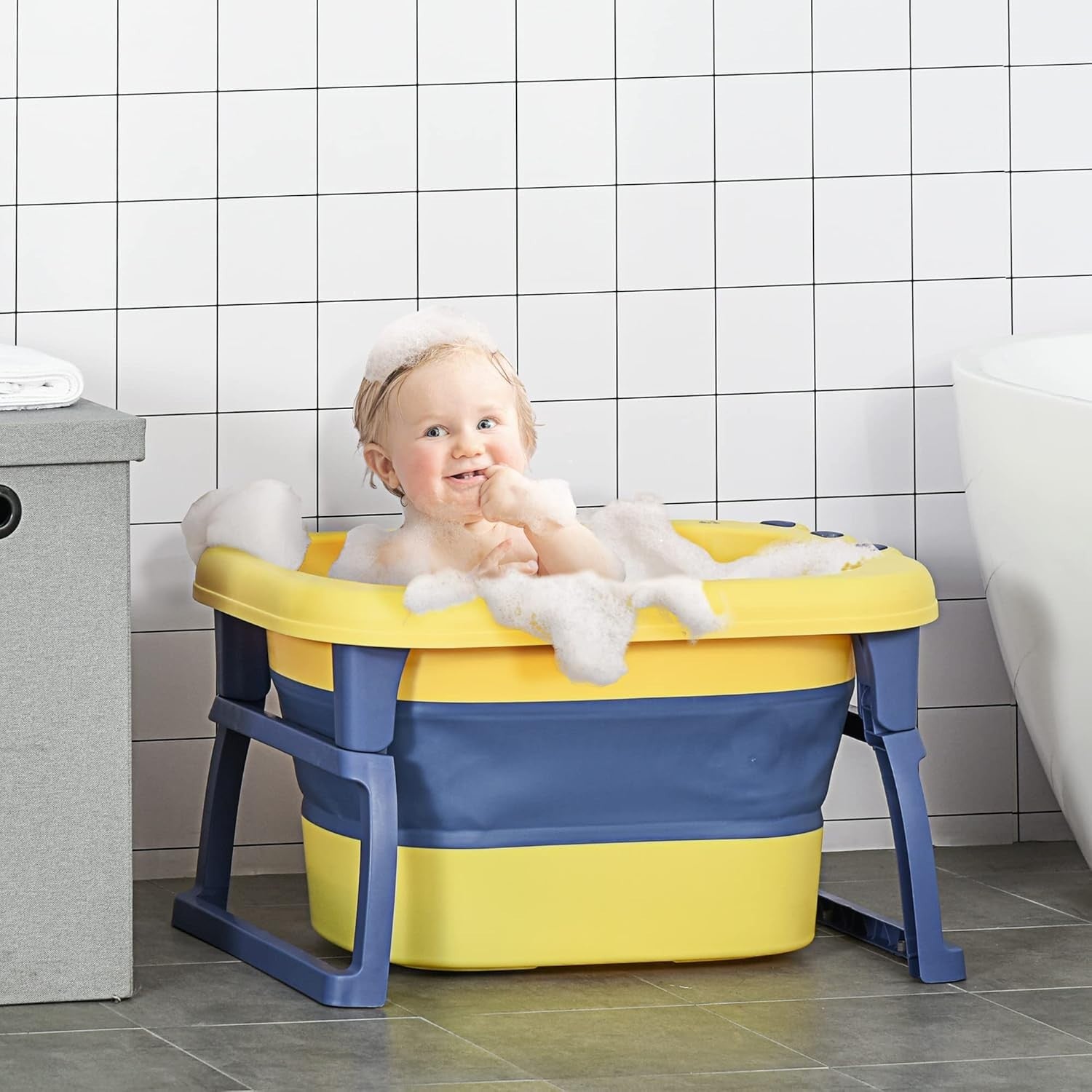 Baby Bathtub 0-6 Years | Collapsible Non-Slip Infant Toddler Bath with Stool