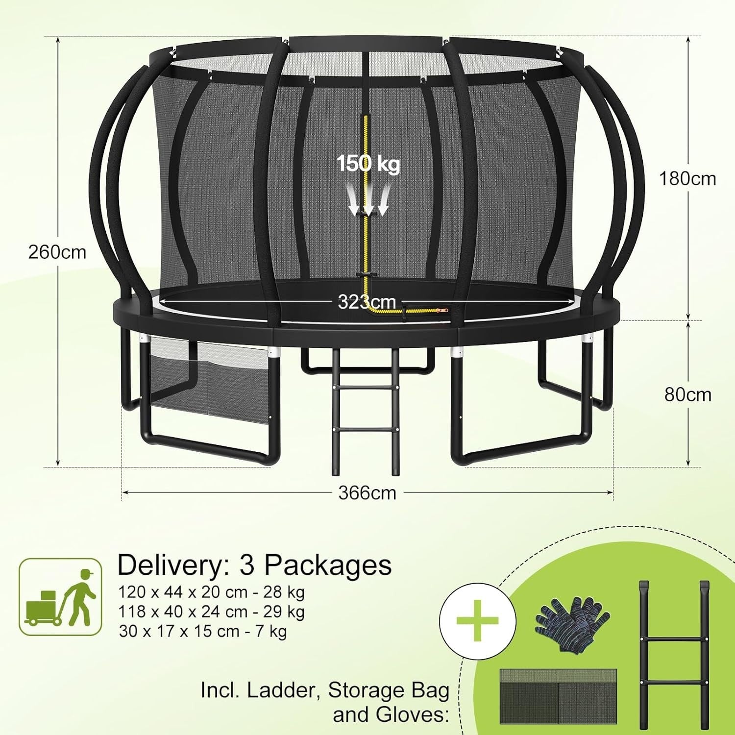 12ft Outdoor Garden Trampoline Safety Net Ladder Heavy Duty