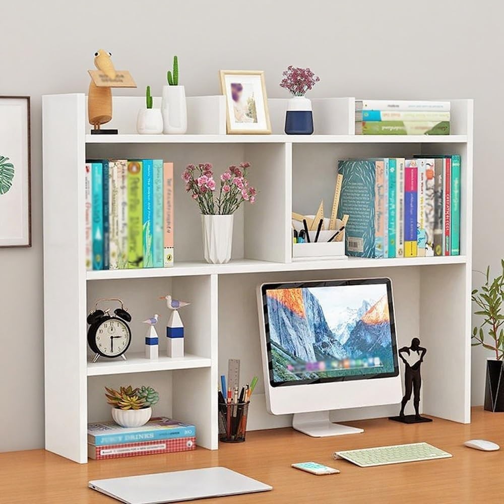 White Desk Hutch Bookshelf Organizer | 9-Grid Desktop Storage Shelf 80cm