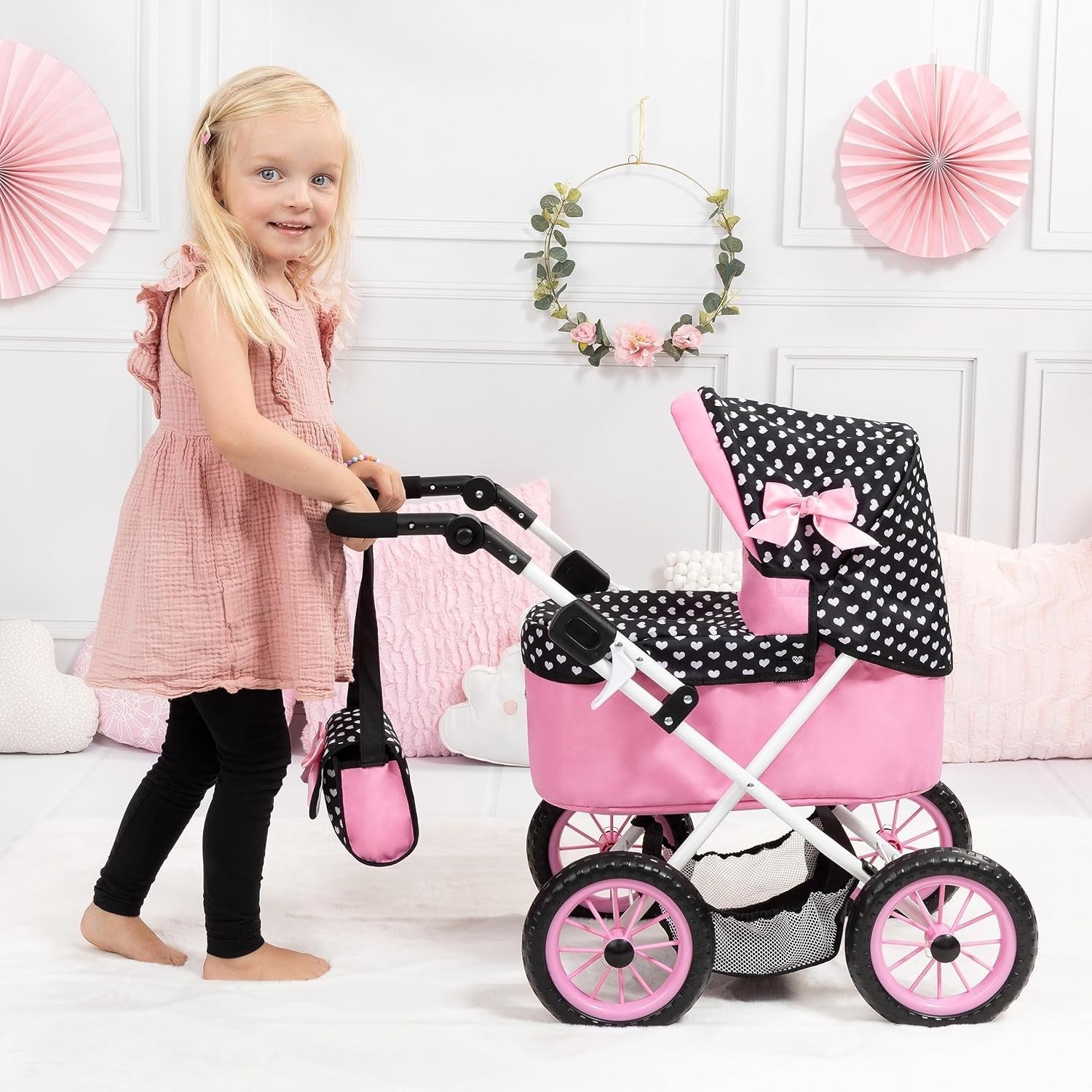 Doll Pram Pushchair Adjustable Handle Foldable with Bag Basket 46cm