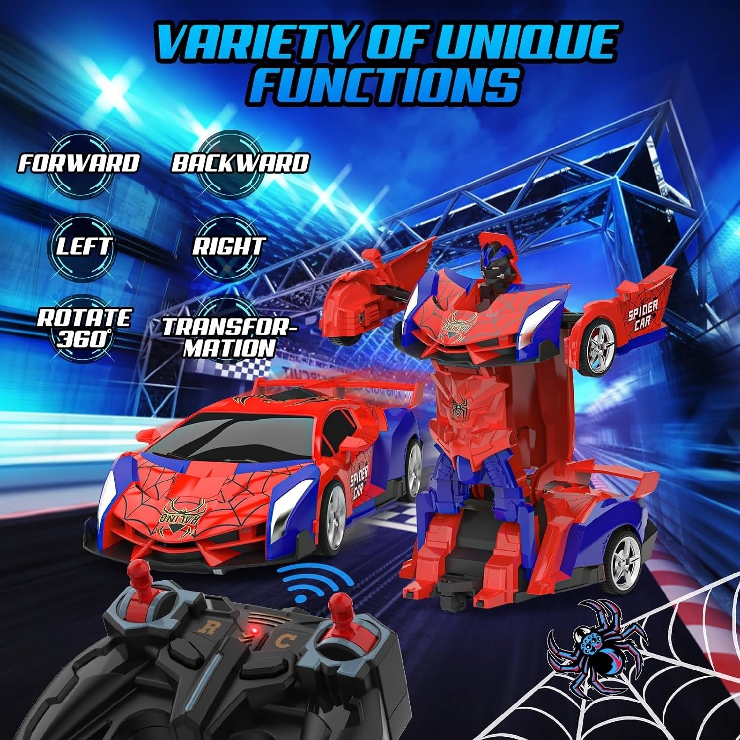 2-in-1 Spider RC Car & Robot Transformer Toy, 360° Rotating Remote Control Drift