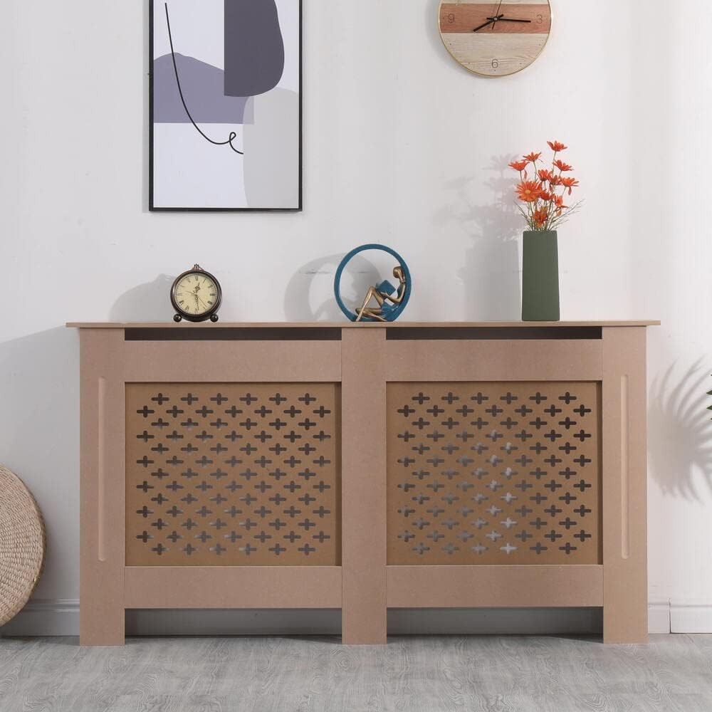 Large Unfinished Radiator Cover | Natural MDF Wood Cabinet with Pattern Grill