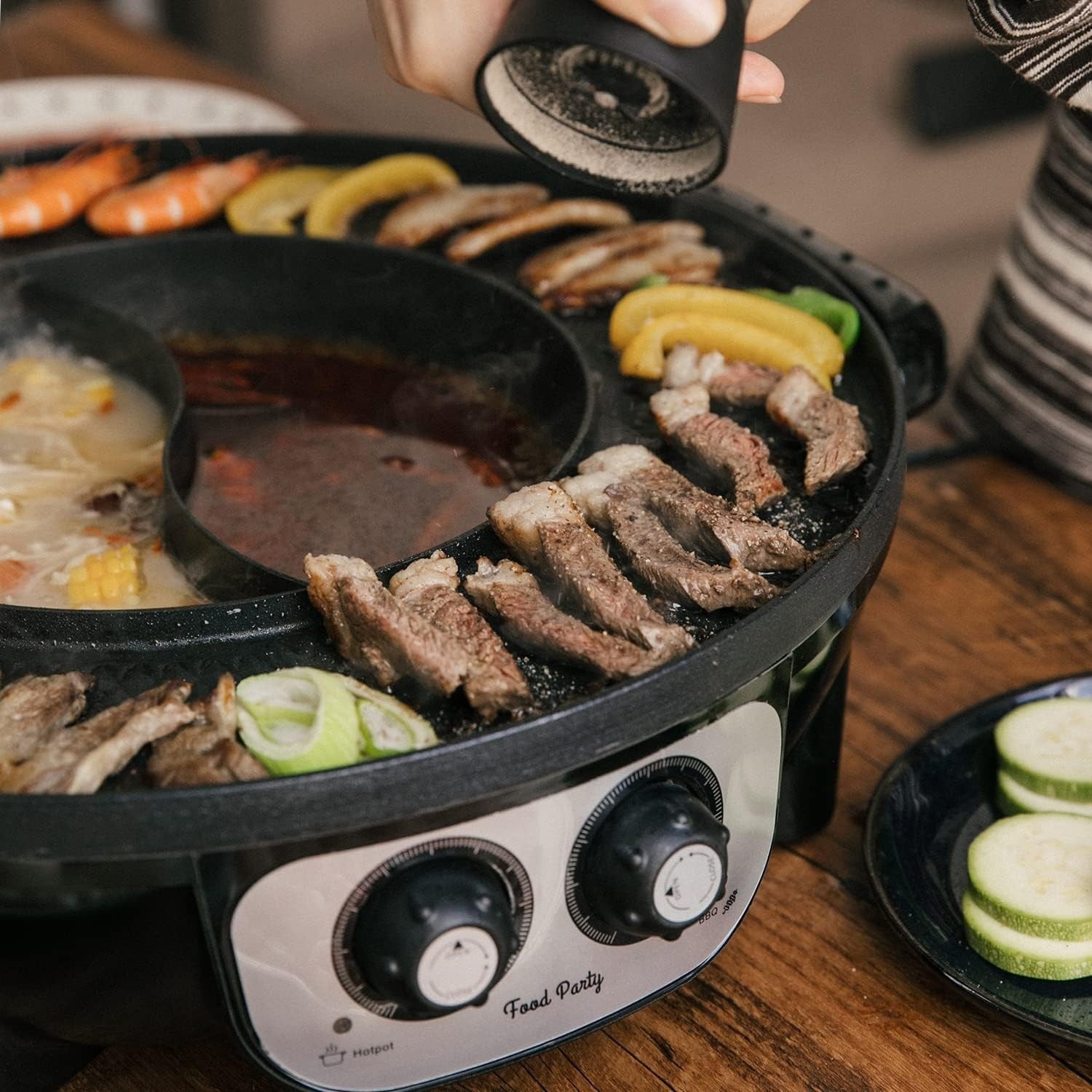 Electric Hot Pot BBQ Grill 2-in-1 2200W | Dual Control Shabu Shabu Cooker 50cm