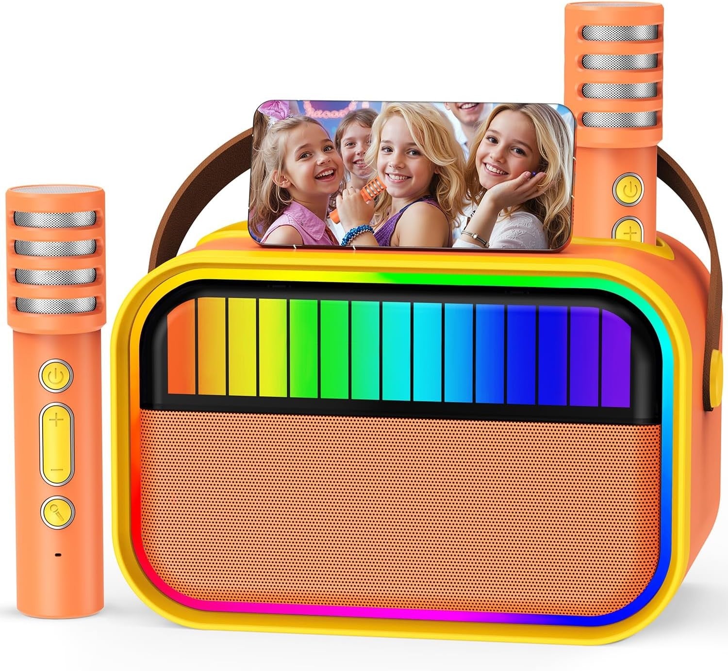 Kids Karaoke Machine 2 Mics Bluetooth LED Party Speaker Orange