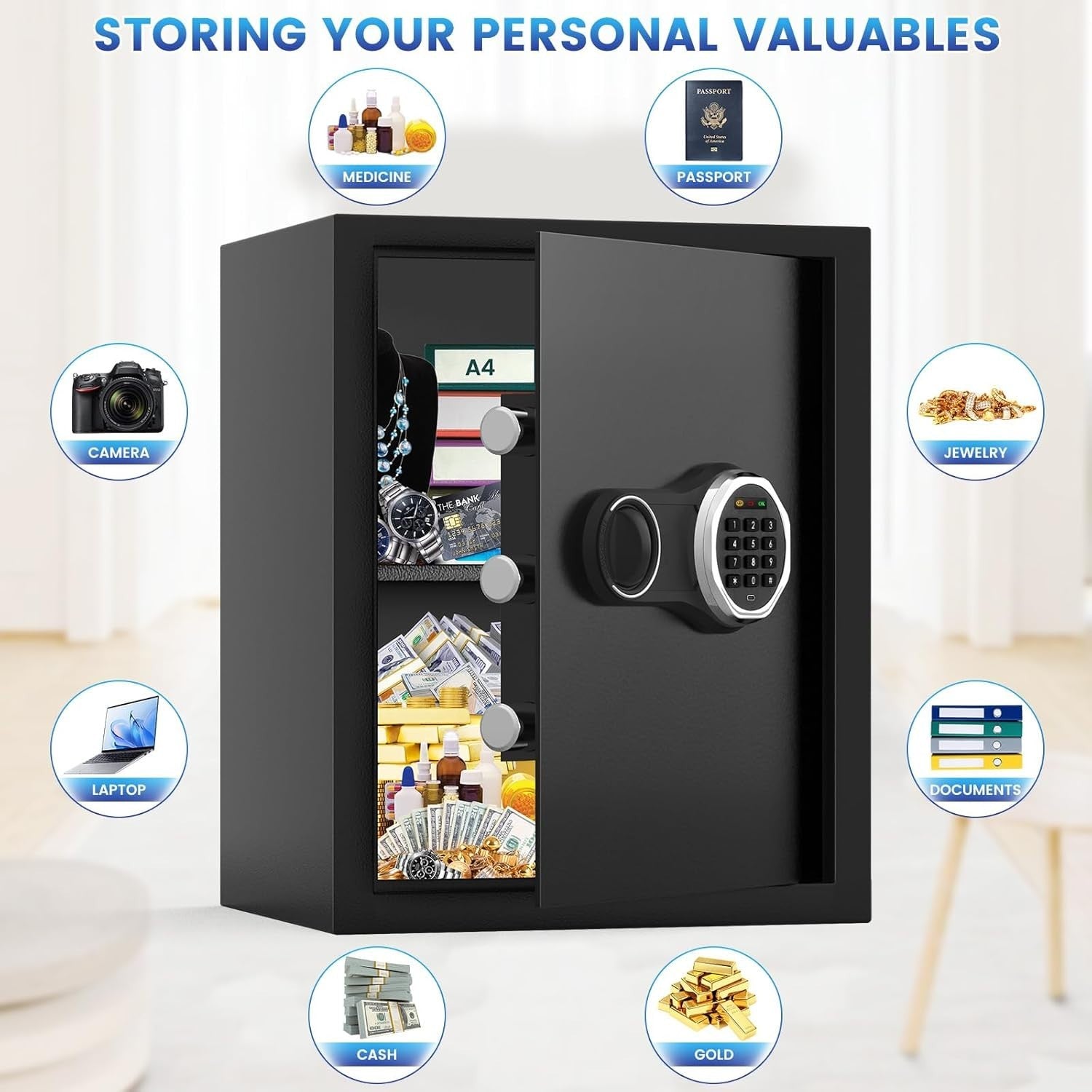 43L Fireproof Safe Box Digital Keypad Security Safe with Document Bag
