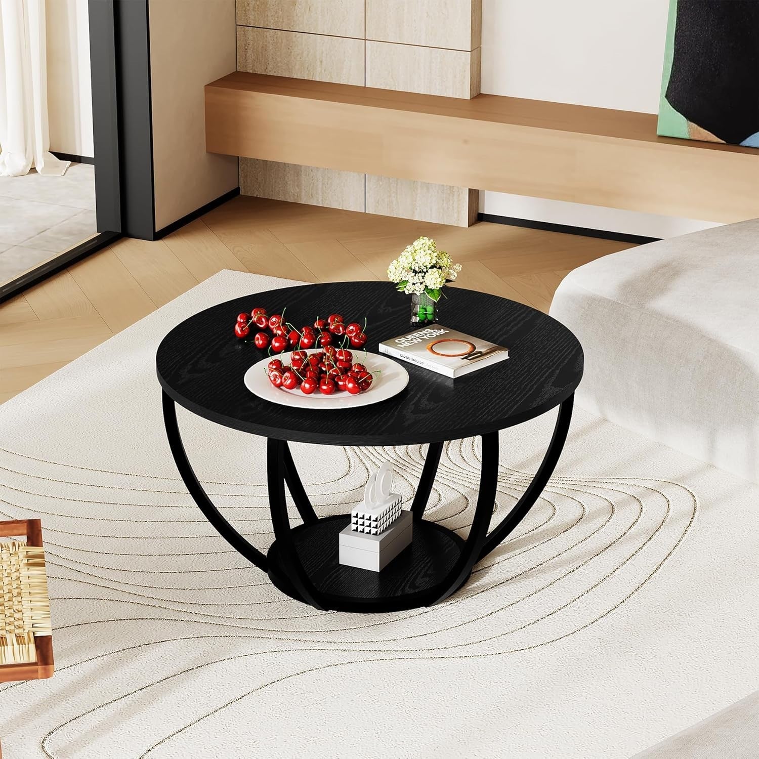 Round 2-Tier Coffee Table with Storage Shelves, Wooden Top & Metal Frame Black