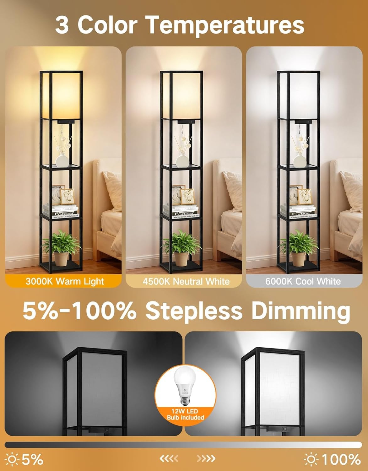 Floor Lamp with Shelves LED Dimmable Remote USB Storage Column Light Black