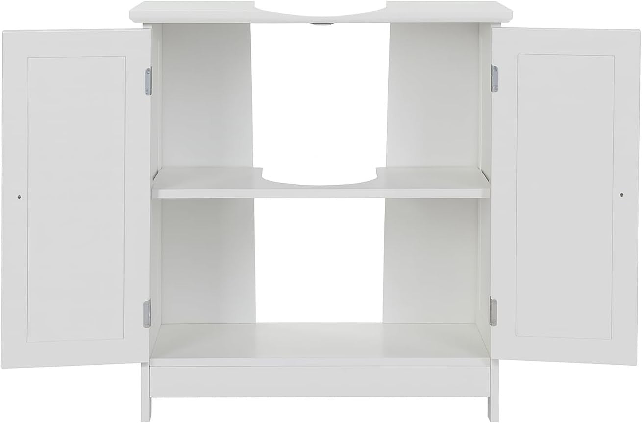 White Under Sink Bathroom Cabinet 60x30x60cm – 2 Doors, Shelf Storage
