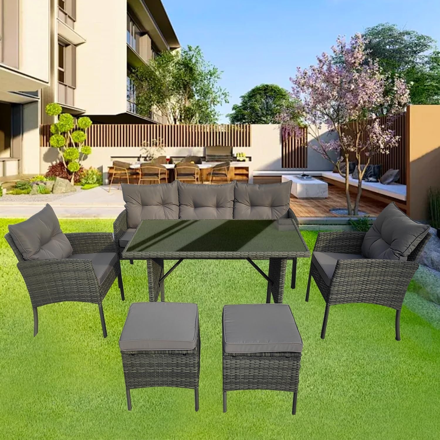6 Seater Rattan Garden Furniture Set with Cushions Grey Outdoor Sofa Table