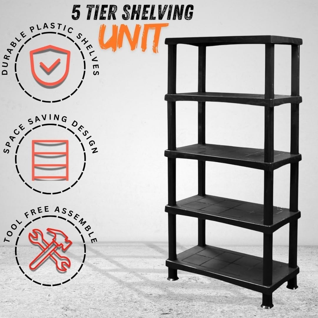 5-Tier Plastic Garage Shelf Heavy Duty Freestanding 175x80x40cm Black