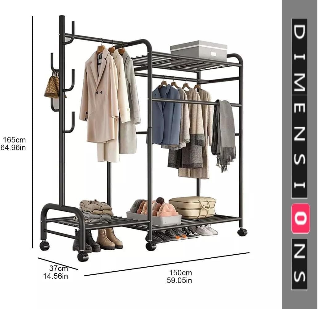 INDOORIST Heavy Duty Double Clothes Rail Rack with Shelves Wardrobe