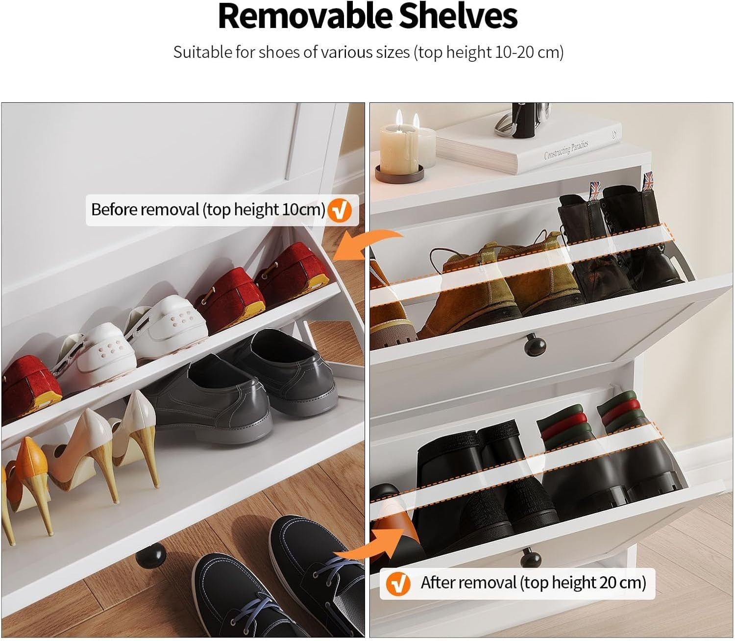 Slim 2-Drawer Vertical Shoe Cabinet with Adjustable Shelves, 80x24x80 cm White