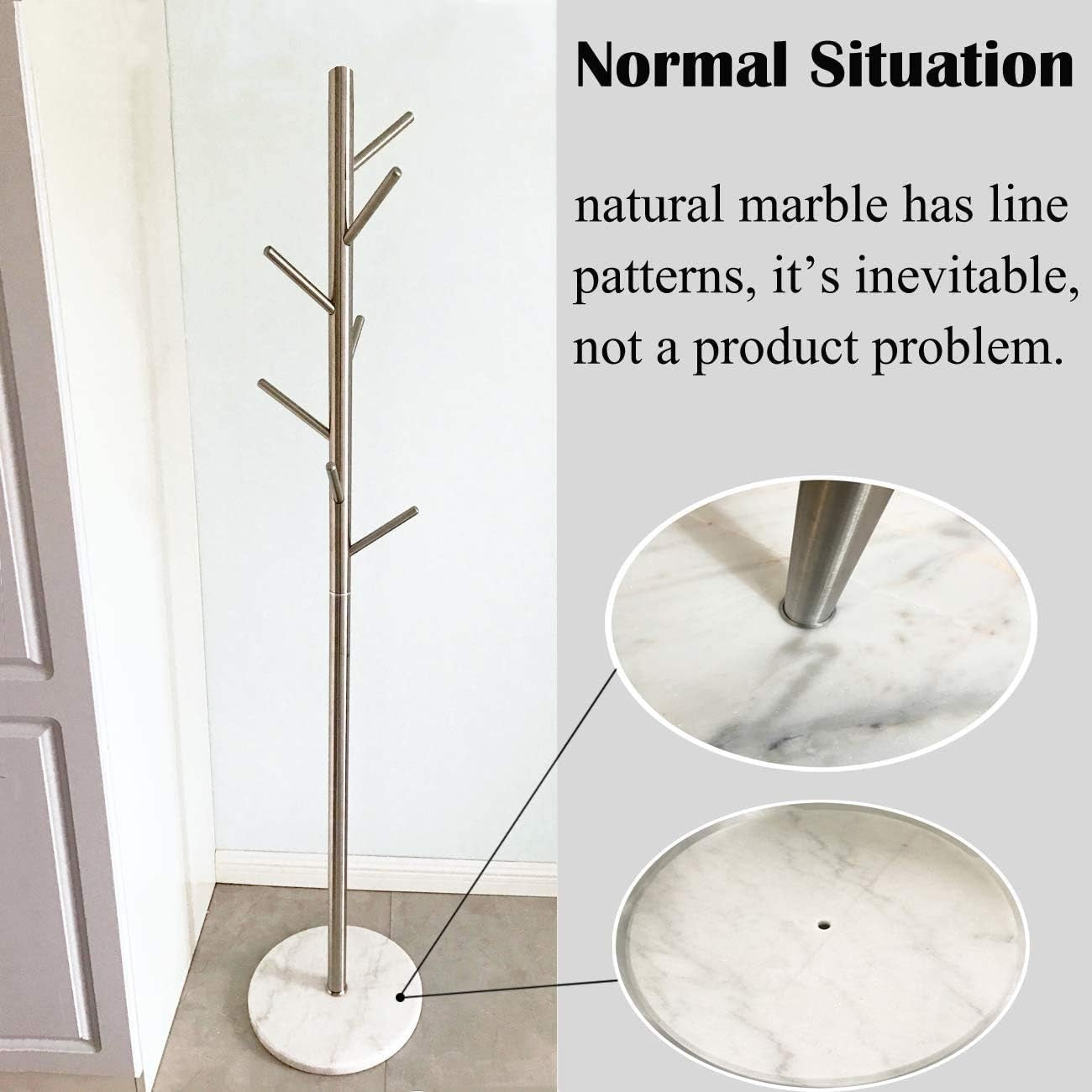 Modern Freestanding Coat Rack Metal Stand | Marble Base Silver Hall Tree
