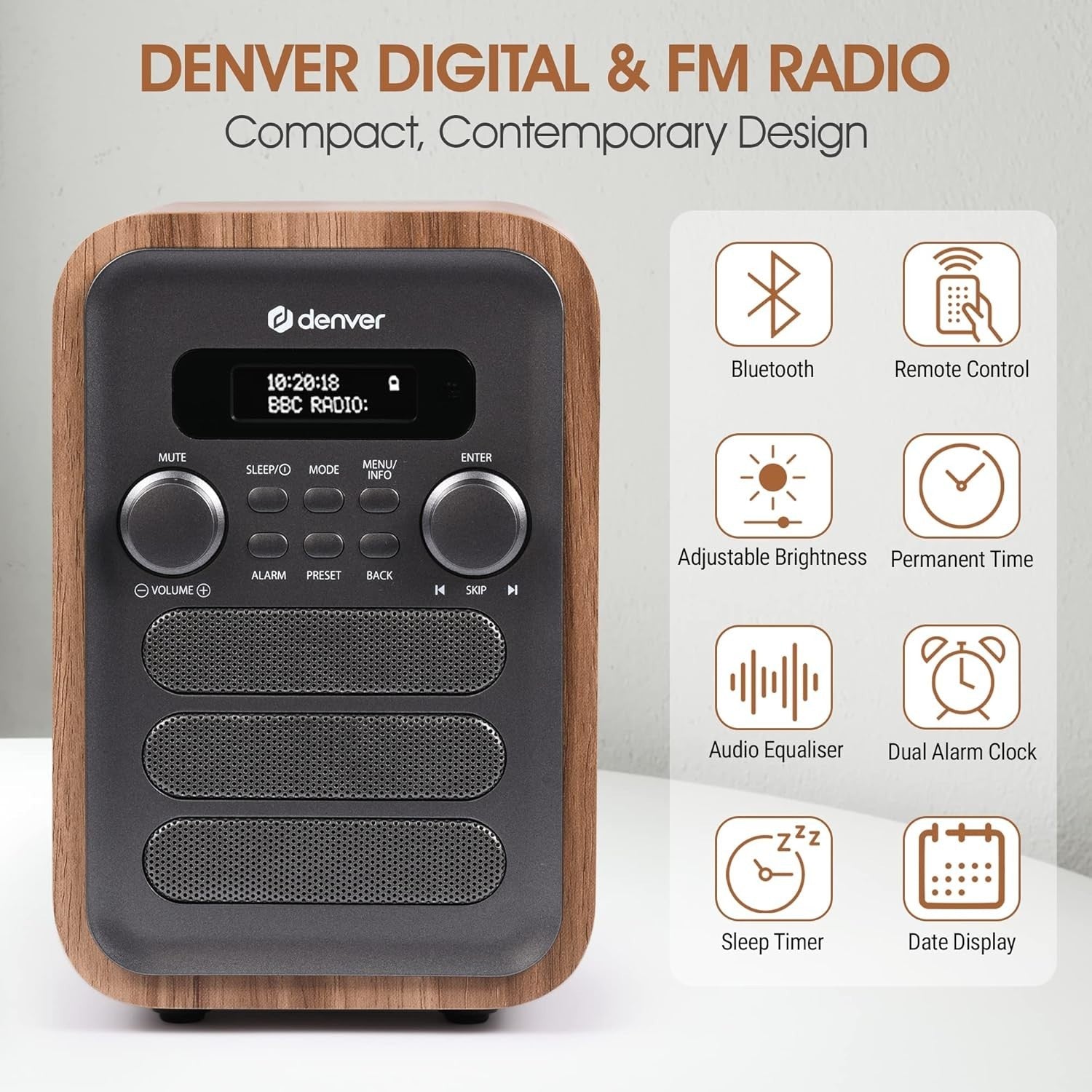 DAB Bluetooth Digital Radio Alarm Clock with Remote, Grey, 40 Presets