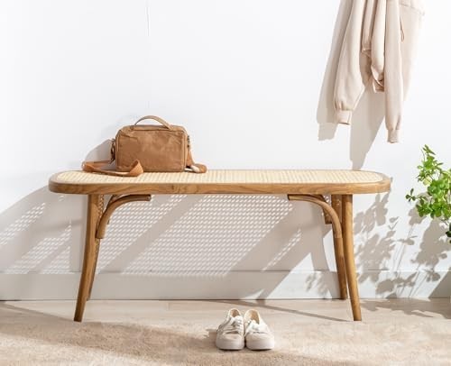 Natural Rattan Ottoman Bench with Wood Legs – Retro Hallway & Dining Seat