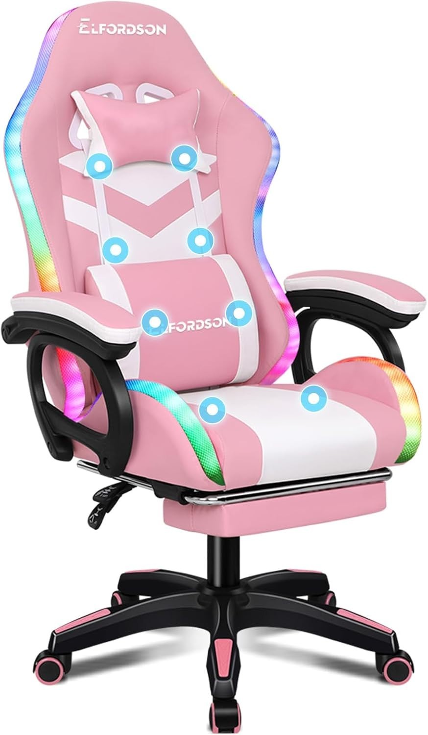Pink Gaming Chair LED RGB Light 8-Point Massage Recliner Footrest Home Office