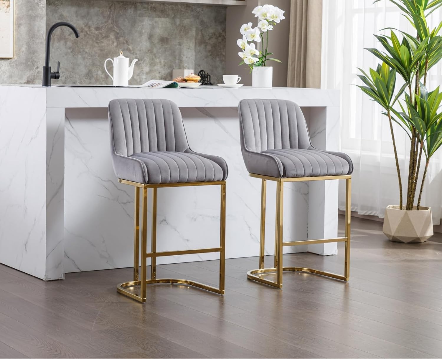 Bar Stools Set of 2 | Grey Fabric L-Shaped Counter Dining Chairs