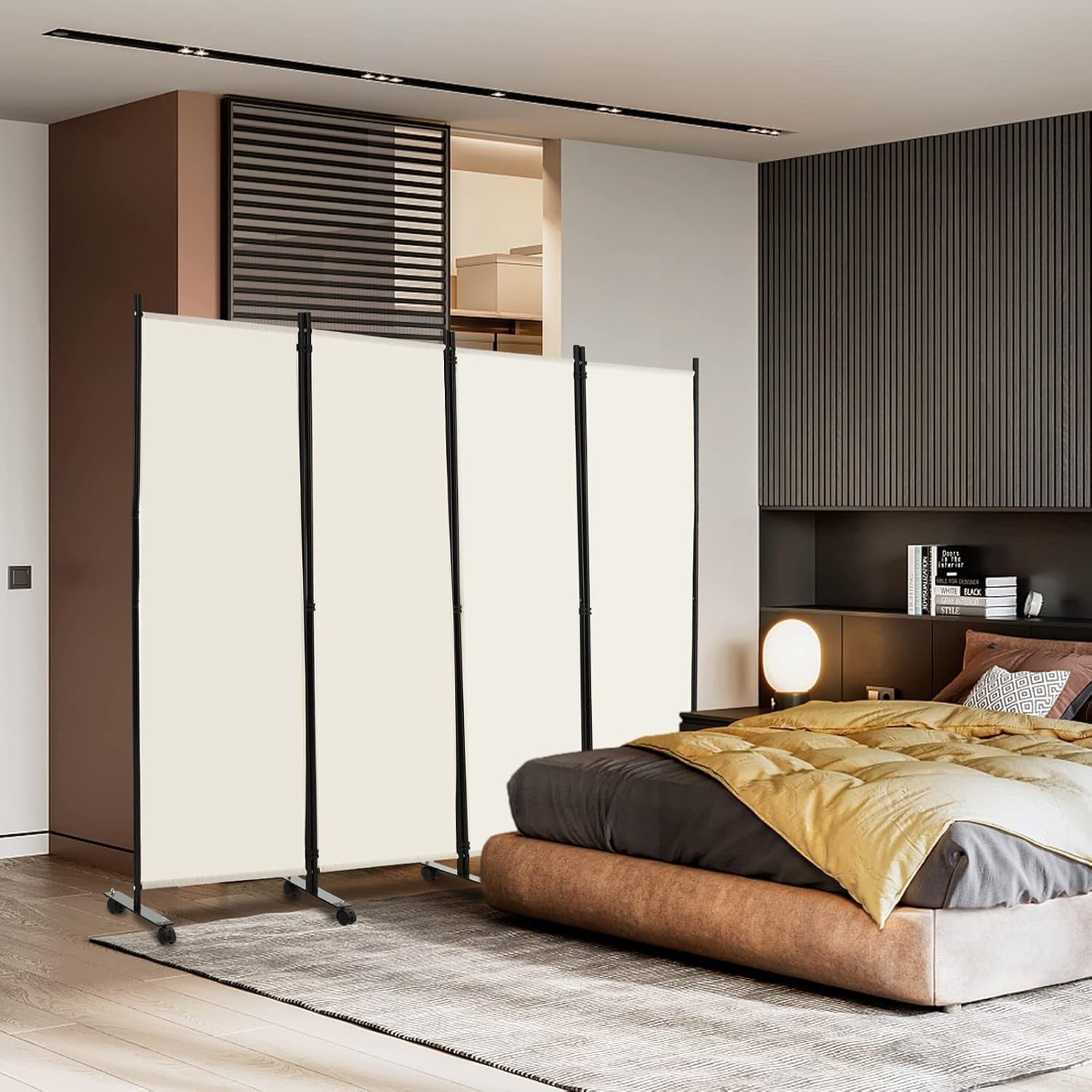 4 Panel Beige Folding Room Divider Privacy Screen on Wheels for Home Office