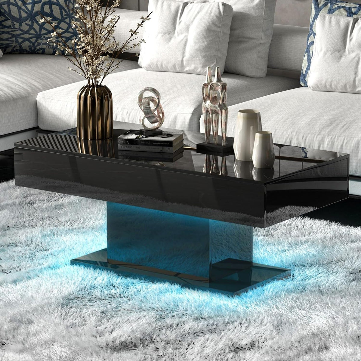 Modern Black LED Coffee Table, High Gloss Rectangular 110x55cm