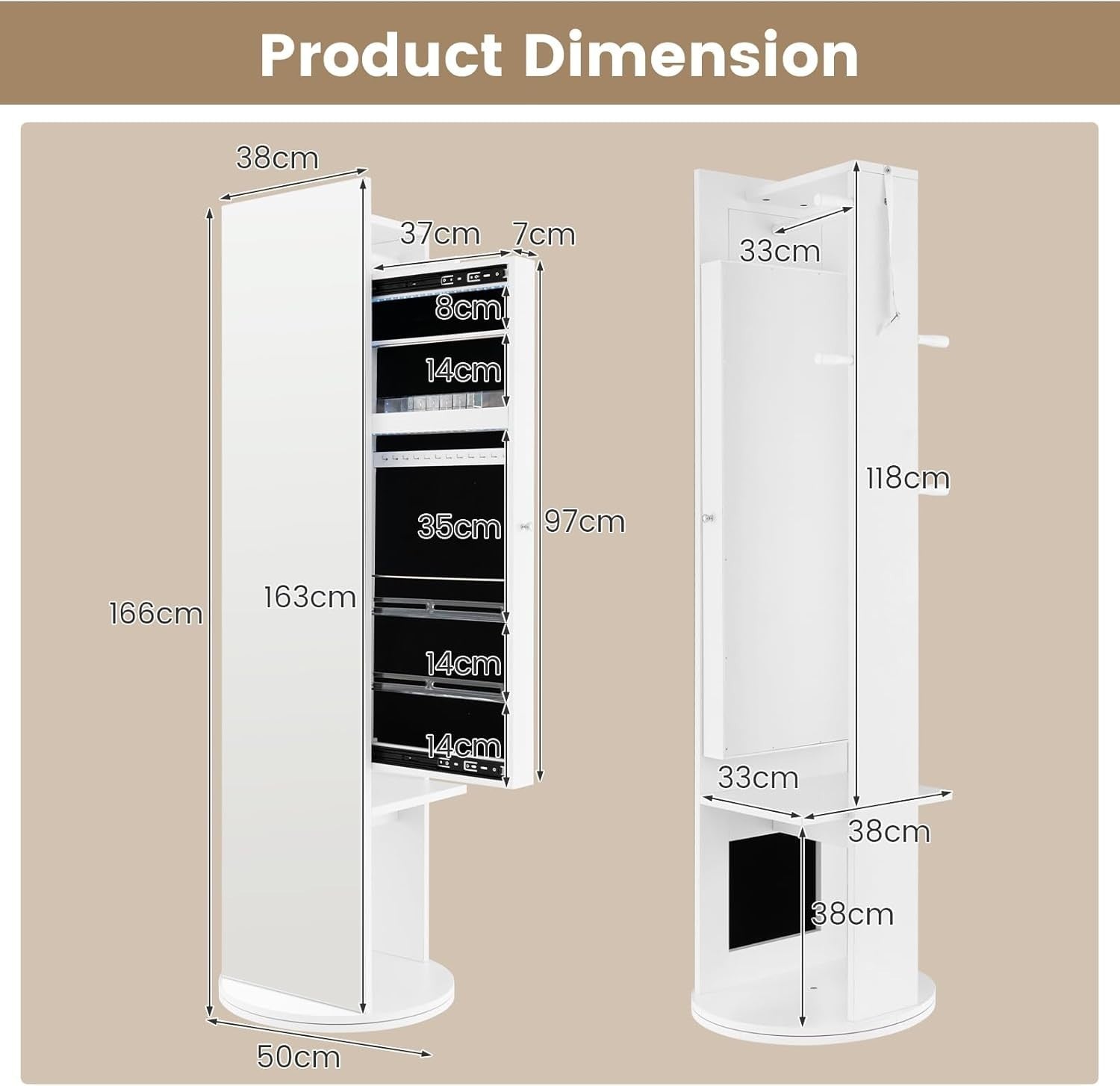 360° Swivel Jewelry Cabinet LED Mirror Coat Rack Storage Organizer