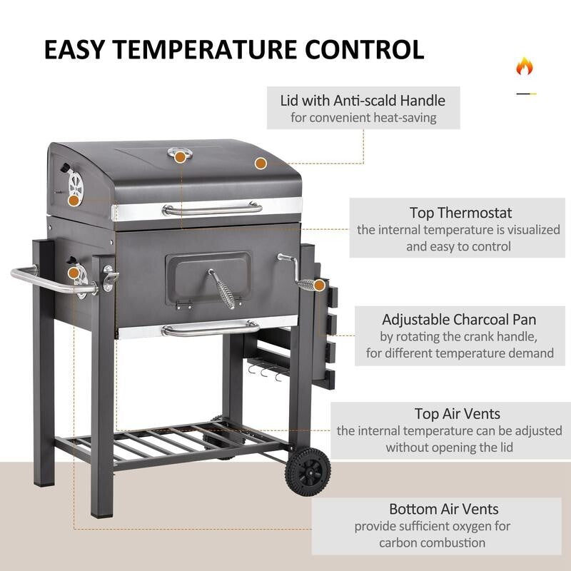 Charcoal BBQ Smoker Grill Trolley w/ Shelf, Lid, Thermometer, Hooks, Wheels