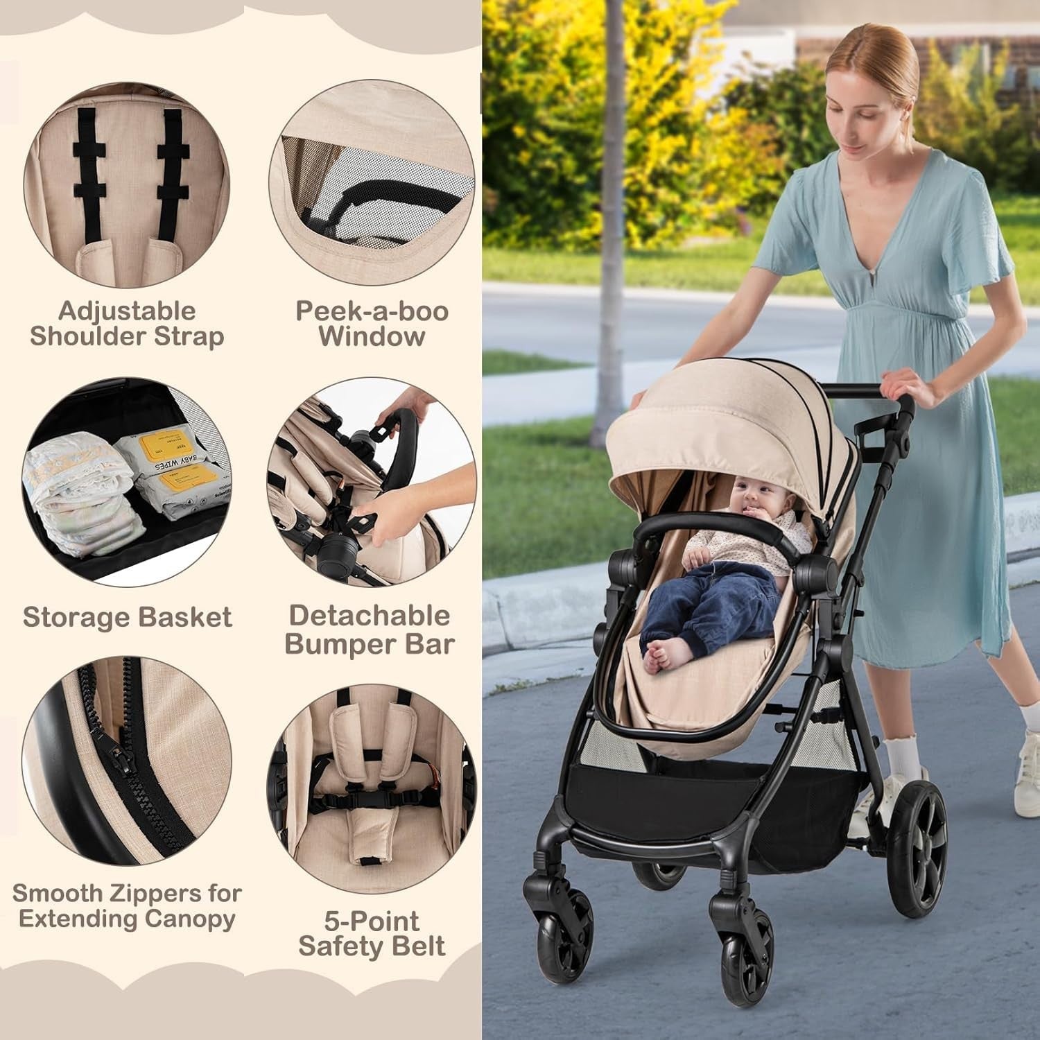 2in1 Baby Pushchair Reversible Seat Foldable Newborn Stroller Beige