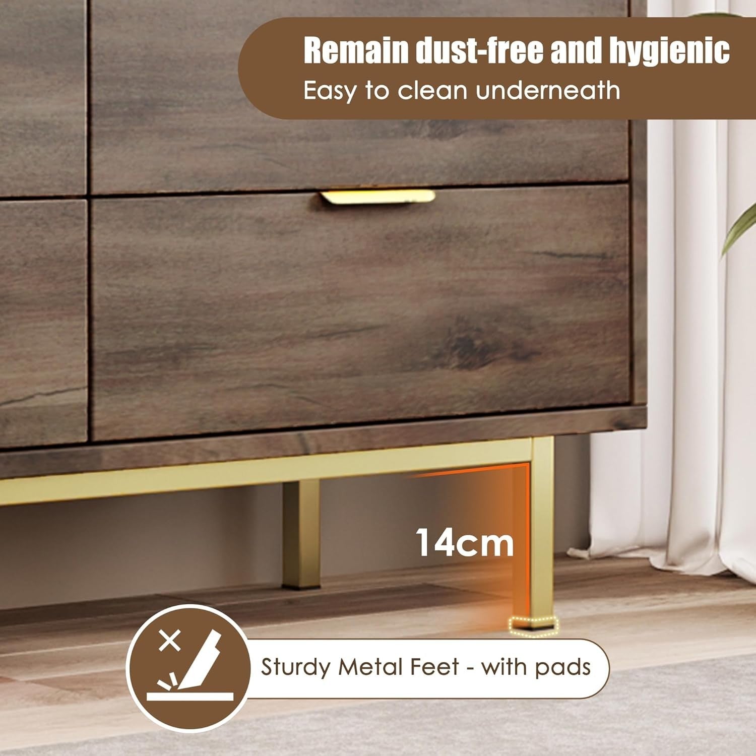 Wood Sideboard Cabinet 120cm 6 Drawer Storage Unit Metal Legs Modern Hallway