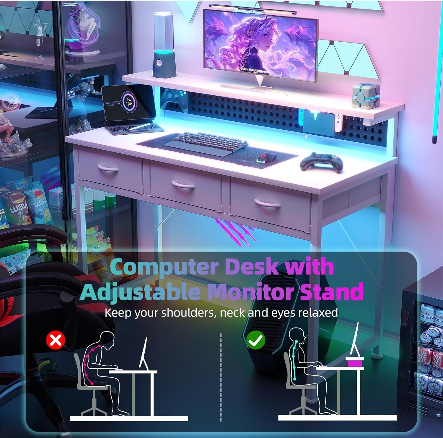 White Gaming Desk 110cm with LED Lights, Pegboard & 3 Storage Drawers