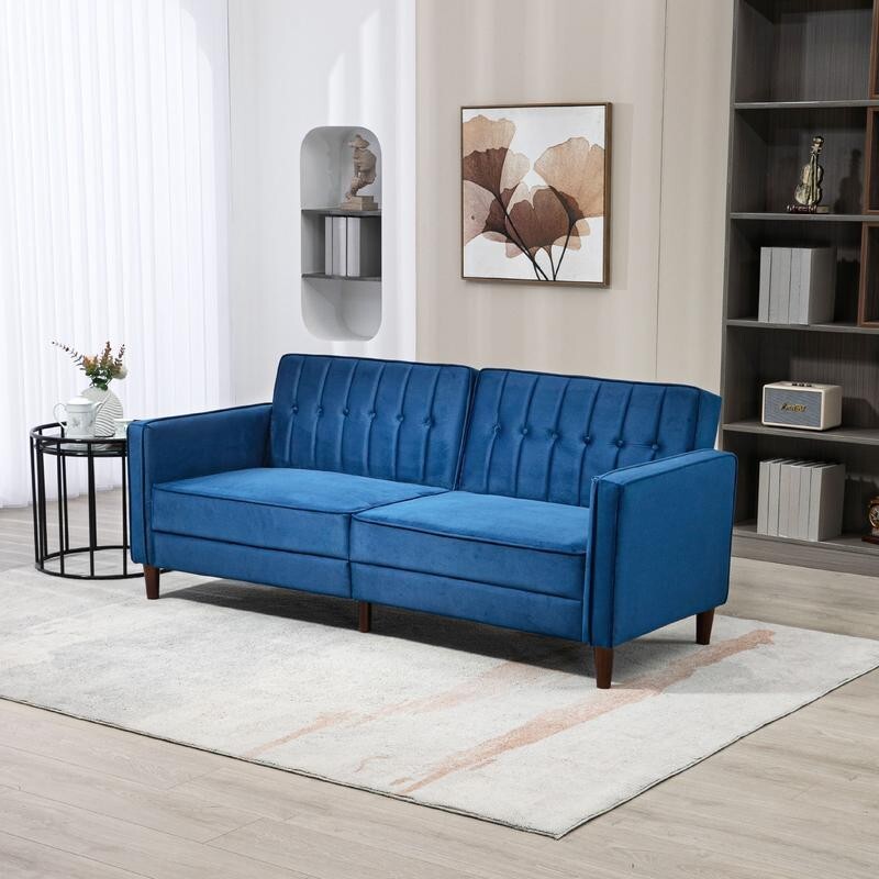 3 Seater Velvet Sofa Bed Blue Click Clack Couch w/ Split Back Guest Bed