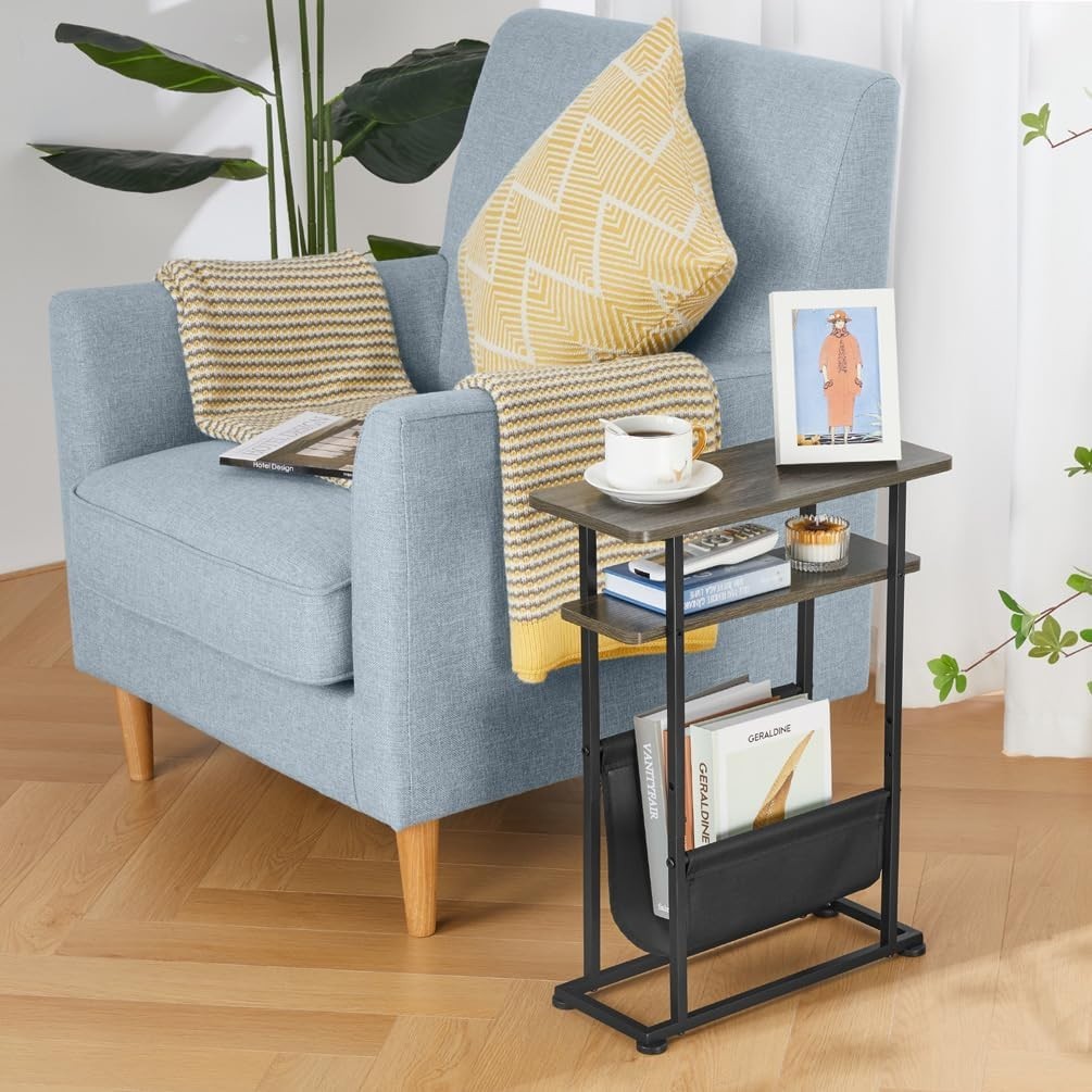 Slim Industrial Side Table with Magazine Holder & Adjustable Feet 18x42x55cm