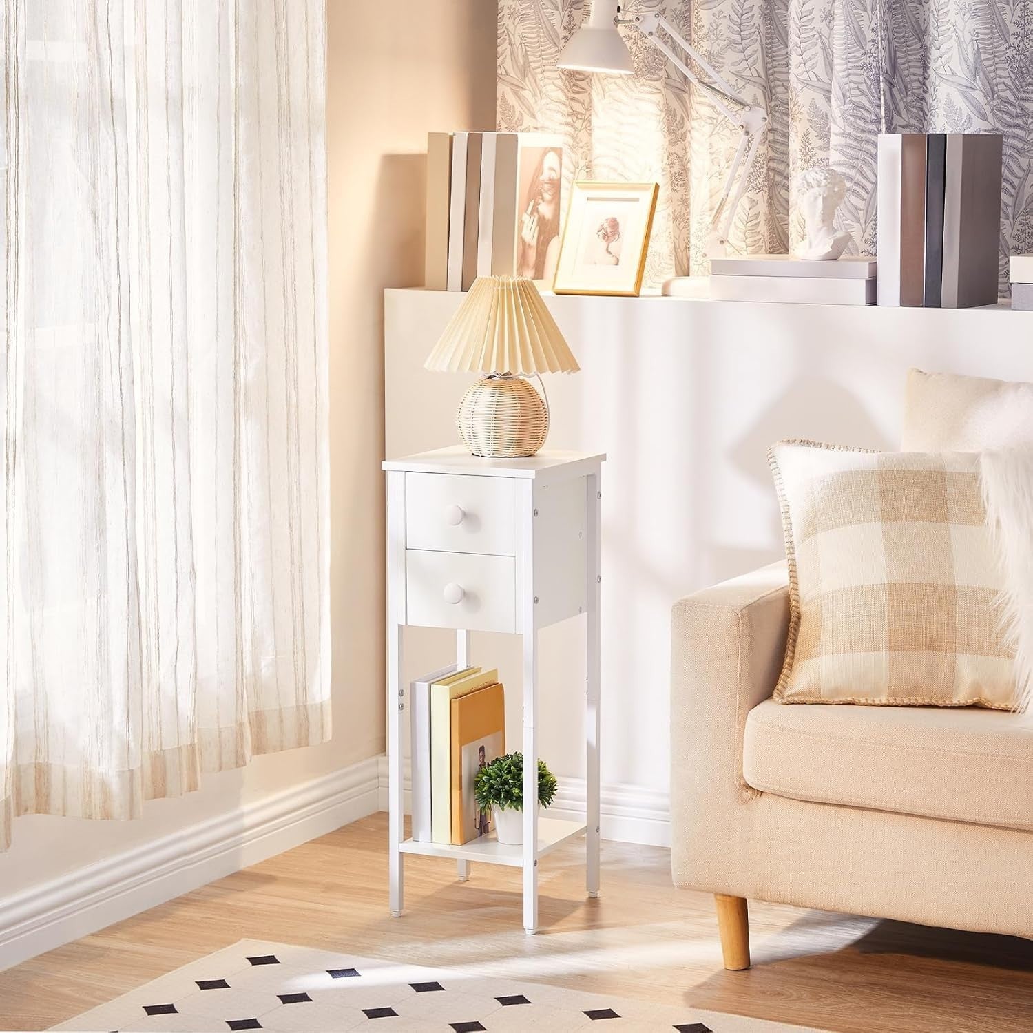 Set of 2 Slim White Bedside Tables with Drawer & Shelf – Narrow Tall Side Tables