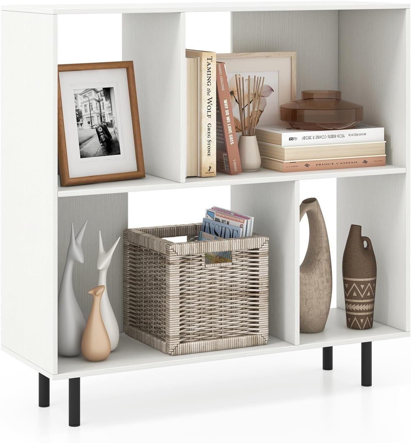 4-Cube Storage Bookcase White Wooden Shelves Metal Legs Anti-Tip 90x30x90cm