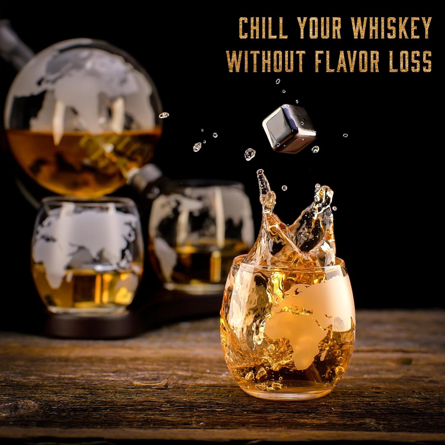 900ml Globe Whiskey Decanter Set with 4 Glasses Stones Tongs Luxury Gift