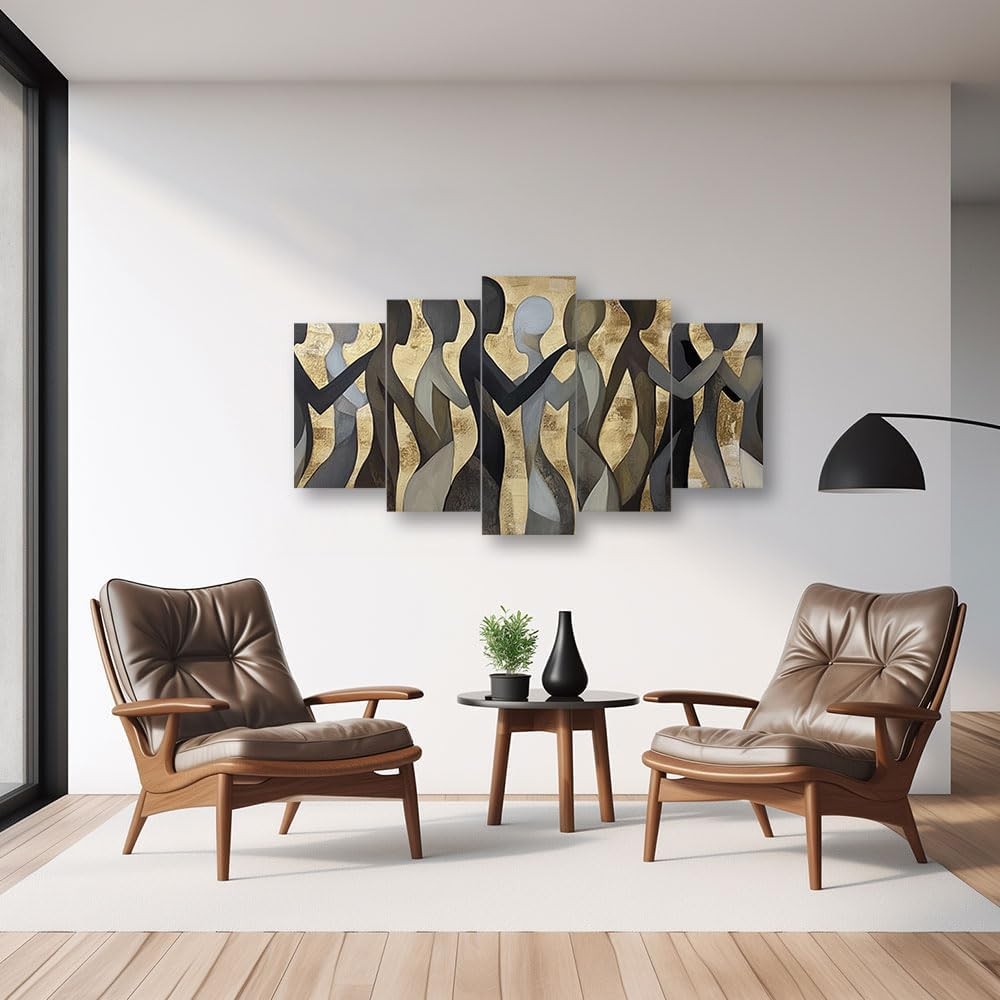 5 Piece Black Gold Abstract Canvas Wall Art Framed Modern Set