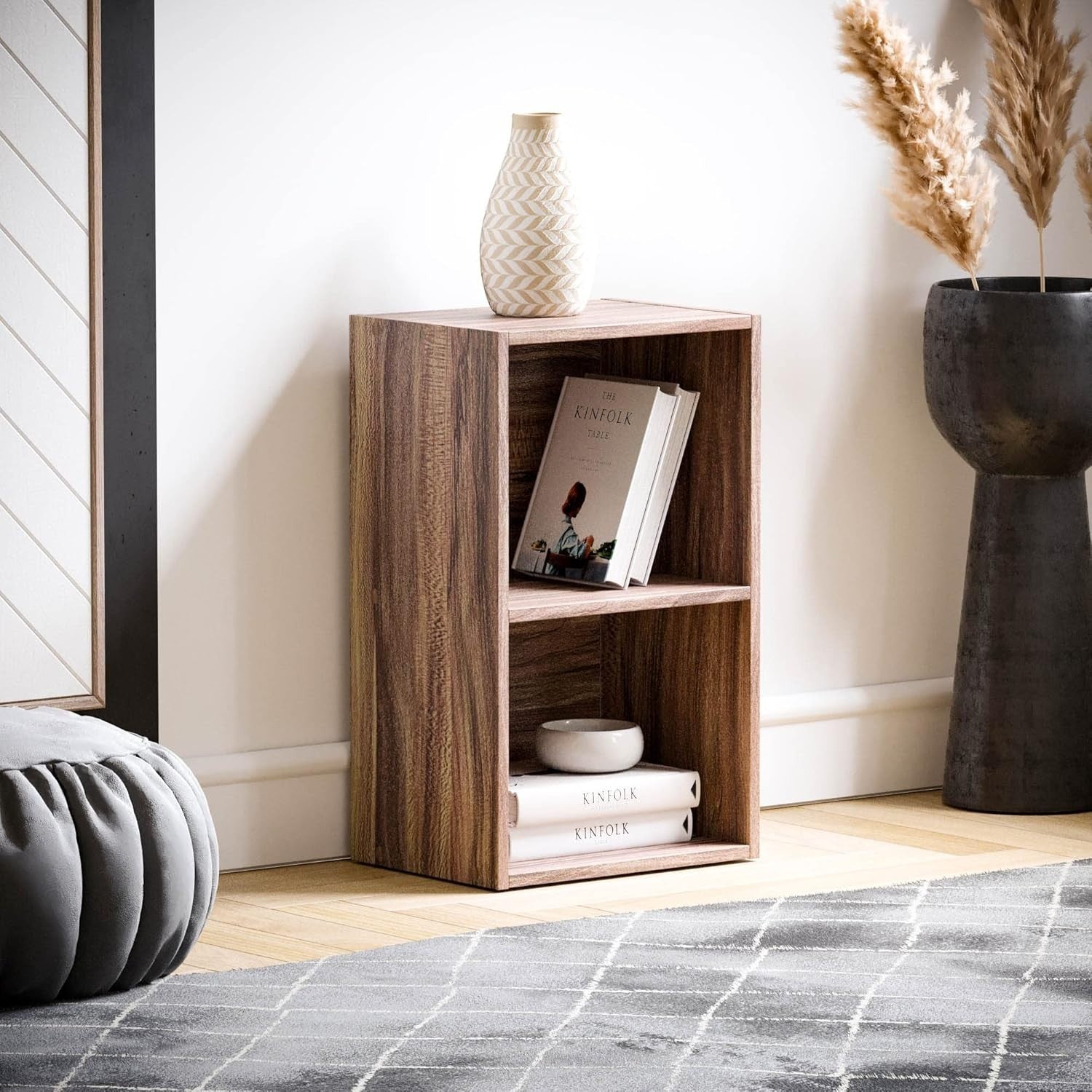2 Tier Walnut Wooden Cube Bookcase Small Storage Shelf for Living Room Office