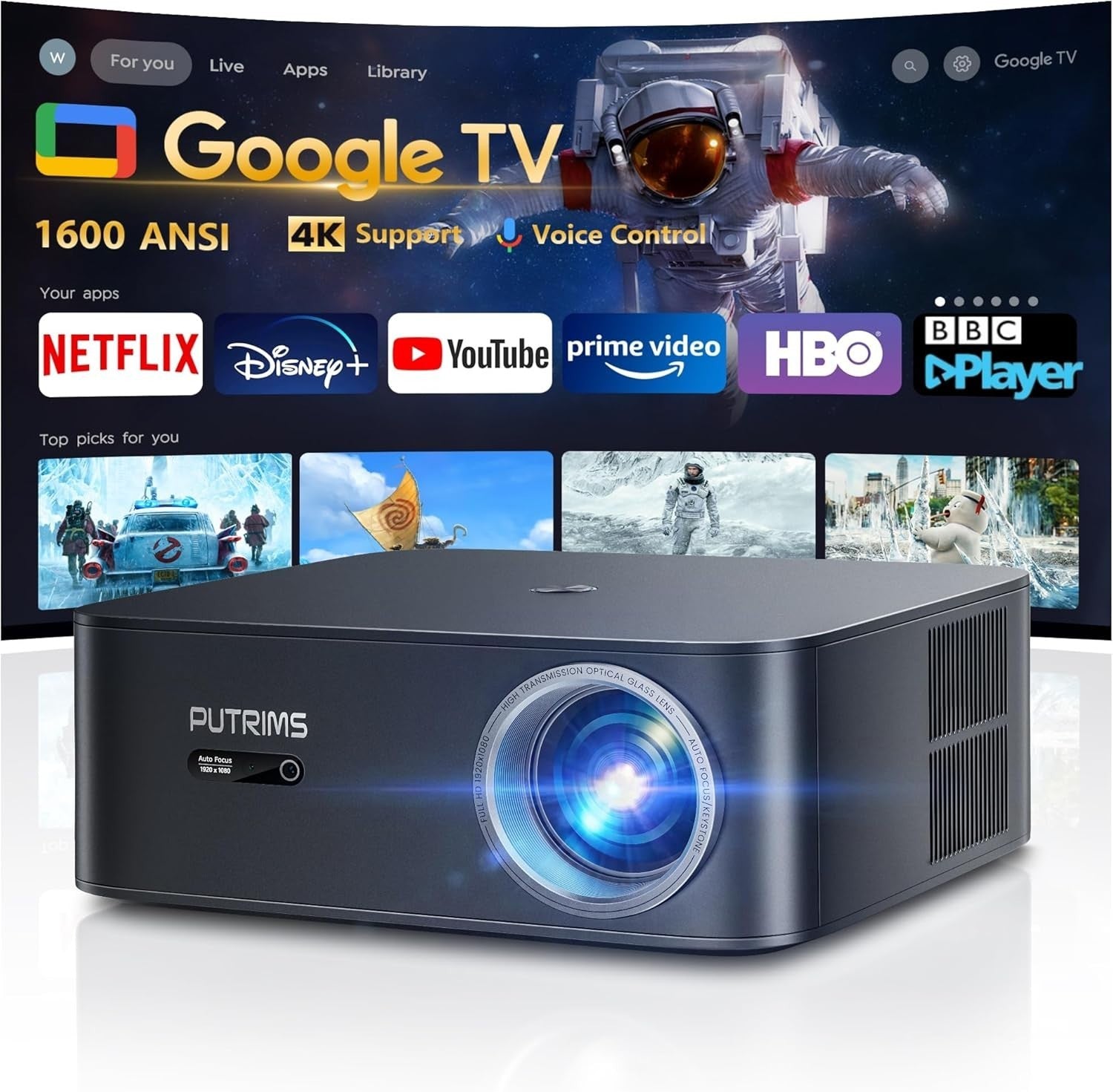 1500 ANSI Google TV 1080P Smart Projector HDR WiFi 6 Bluetooth 4K