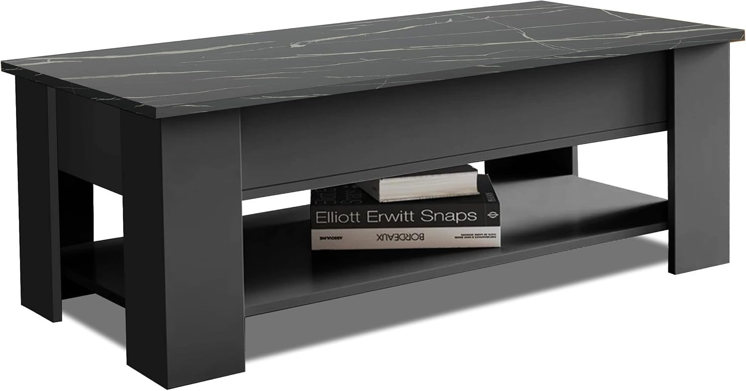 Lift Top Coffee Table with Hidden Storage & Shelf Grey Marble 120x60cm