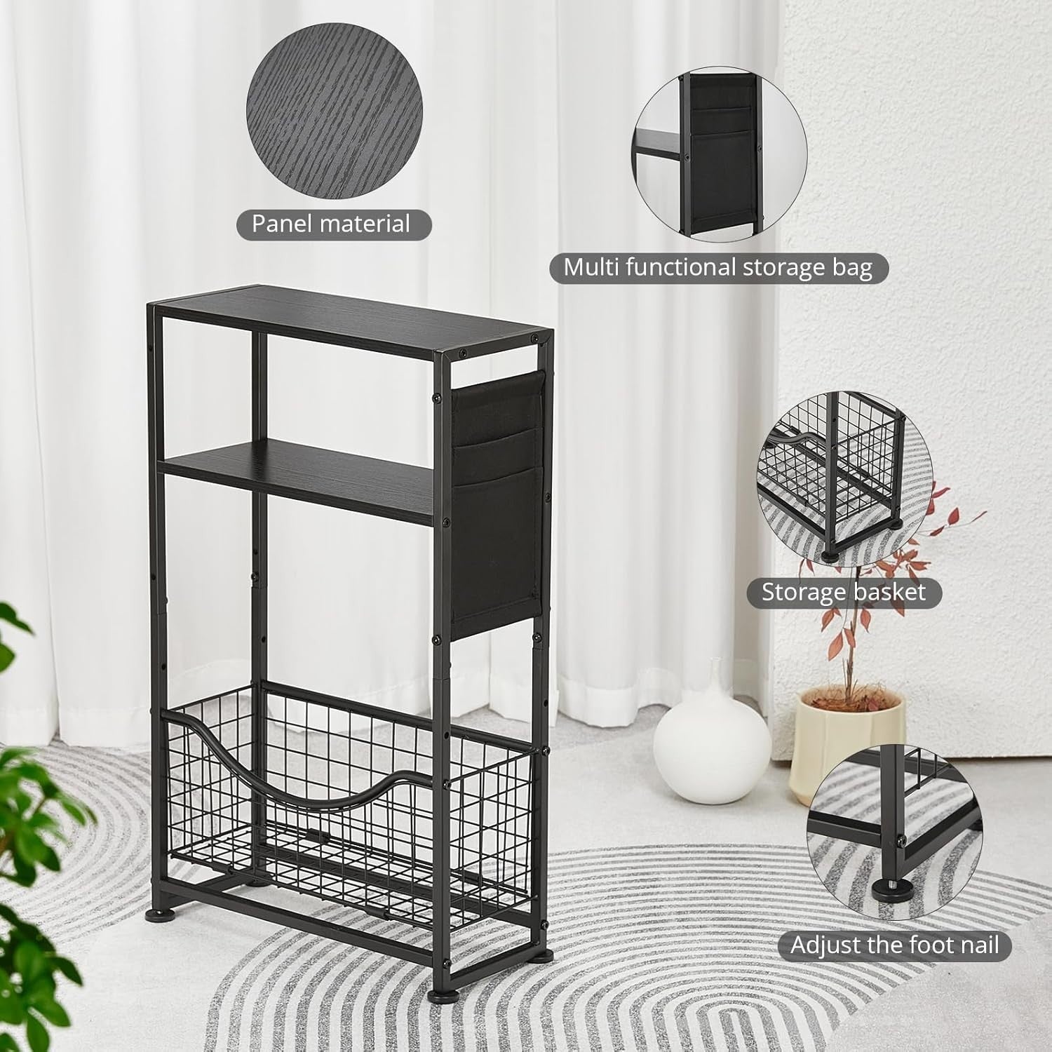 Black 3-Tier Narrow Side Table 30x30x50 cm | Slim End Table w/ Storage