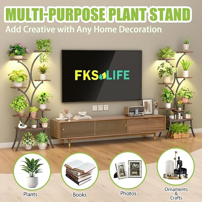 8 Tier Tall Metal Plant Stand with Grow Lights, Indoor Corner Shelf