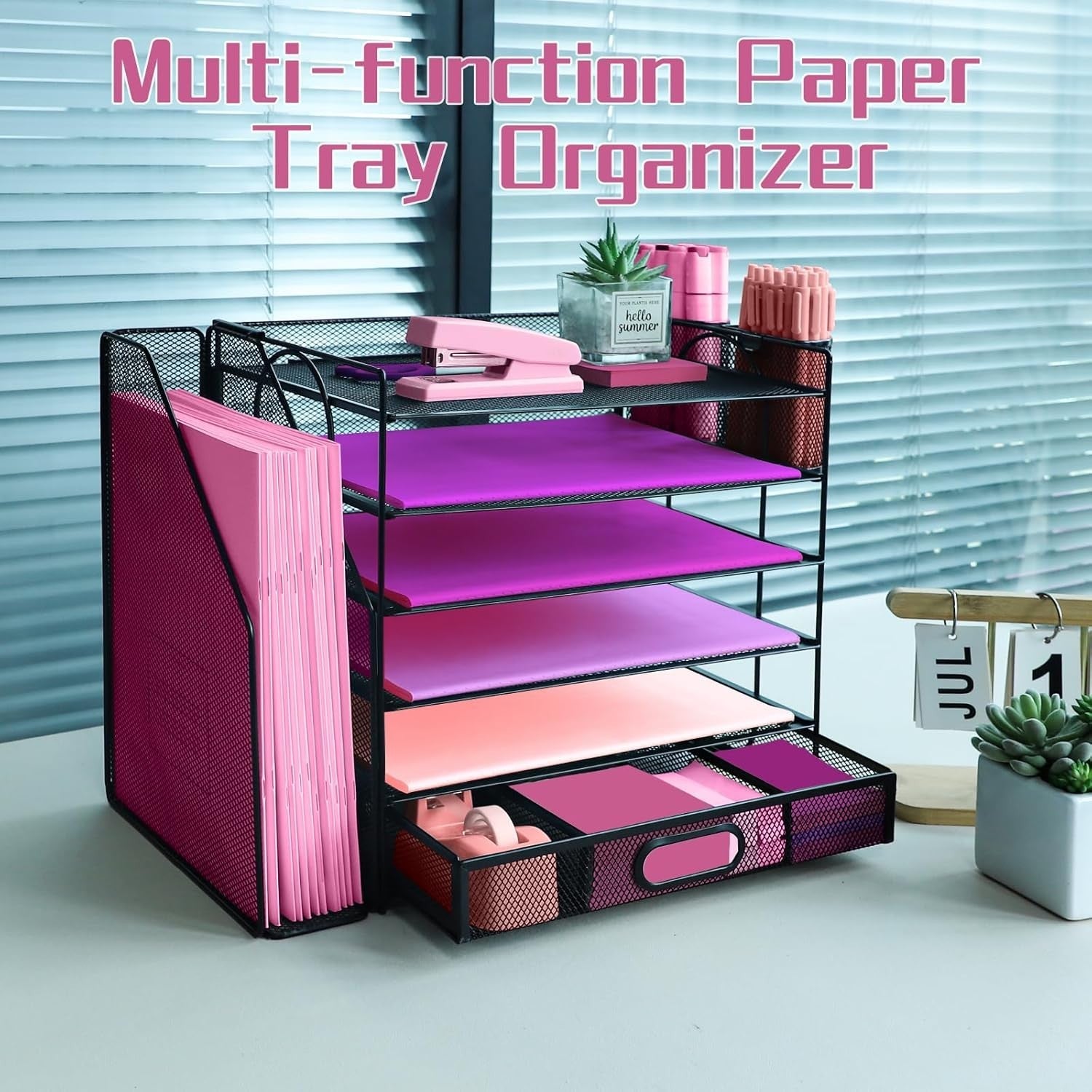 6-Tier Metal Desk Organizer with Drawer Pen Holders File Trays Black