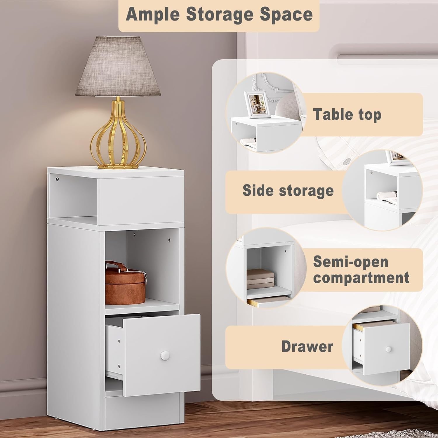Set of 2 Slim White Bedside Tables with Drawer & Open Shelves 25x30x66cm
