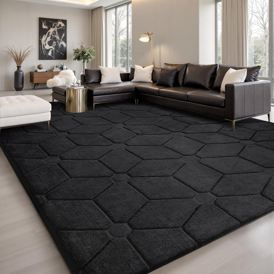 Extra Large Black Area Rug 275x370cm Washable Anti Slip Short Pile Carpet