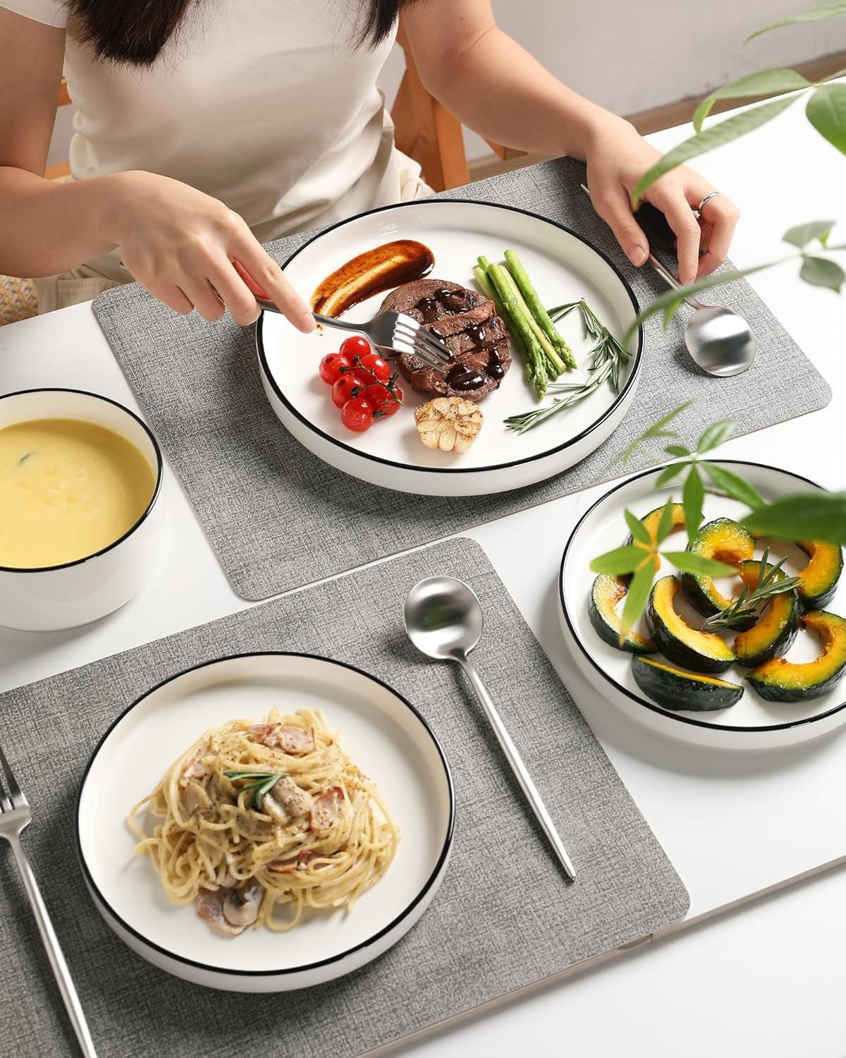 18pc Porcelain Dinnerware Set White Black Rim Plates Bowls Service for 6