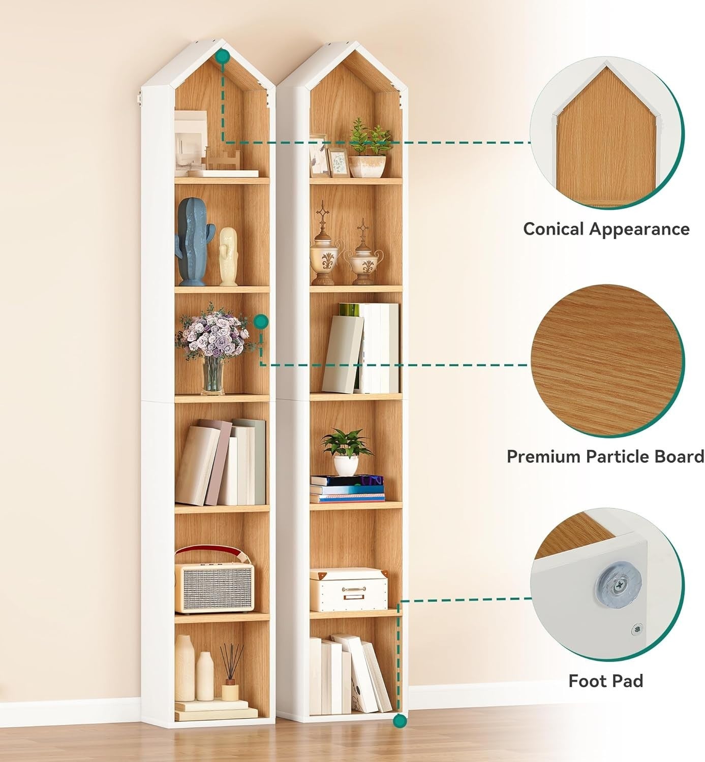 Tall Slim 6-Tier White Oak Bookcase – Space Saving Shelf Unit 181cm High