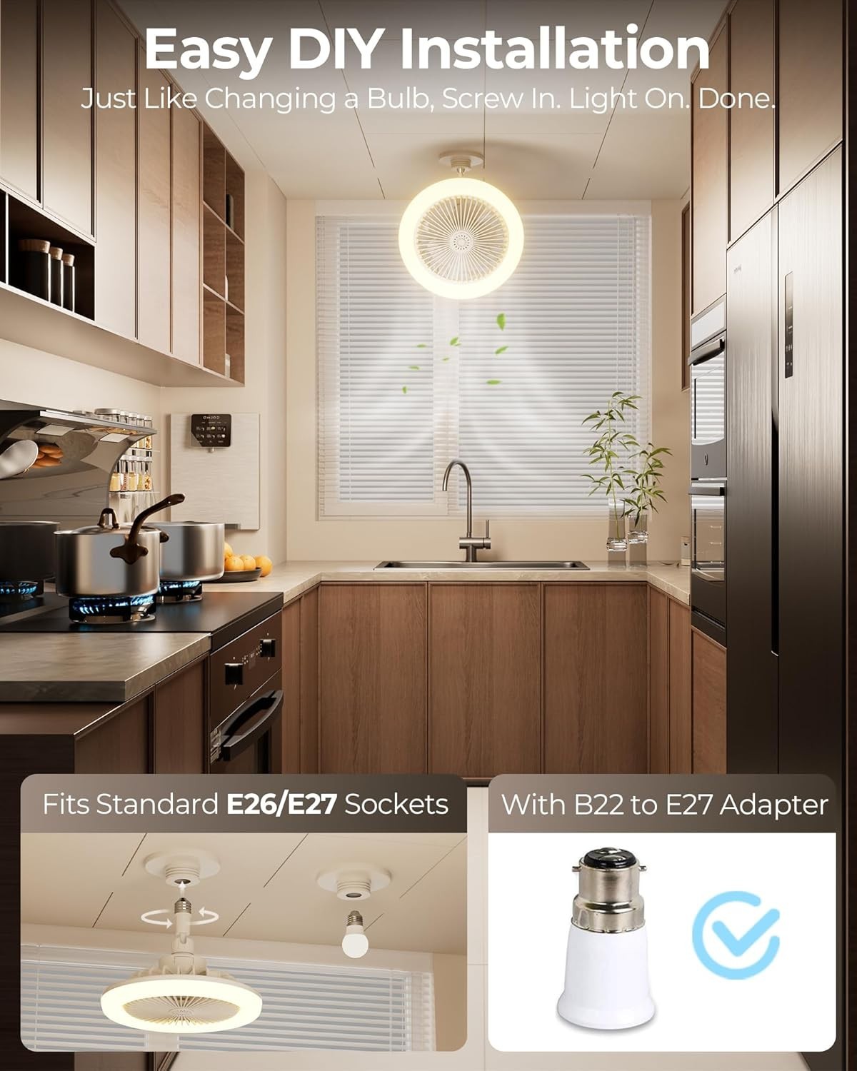 30W LED Ceiling Fan Light, Quiet, Timer, Adjustable Tilt, E27 Socket