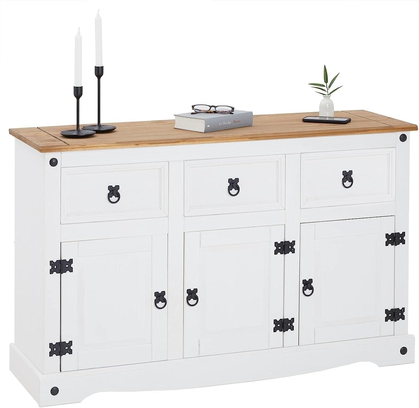White Solid Pine Sideboard Cabinet 3 Door 3 Drawer Rustic Storage Unit**