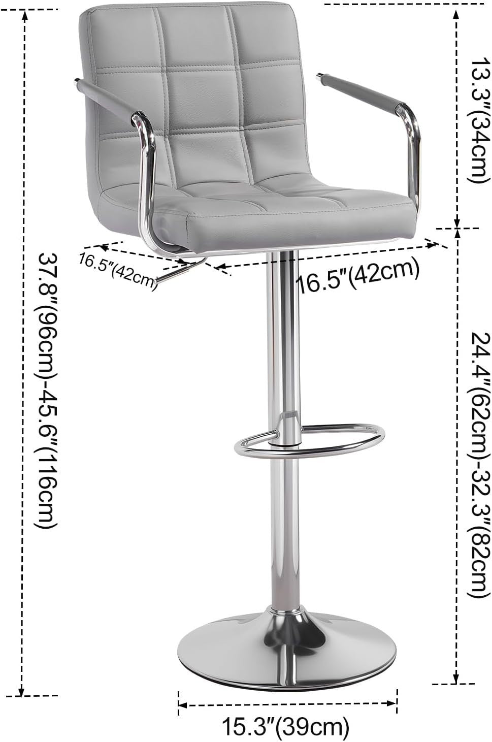 Grey PU Leather Bar Stool Adjustable Height 360° Swivel with Armrest