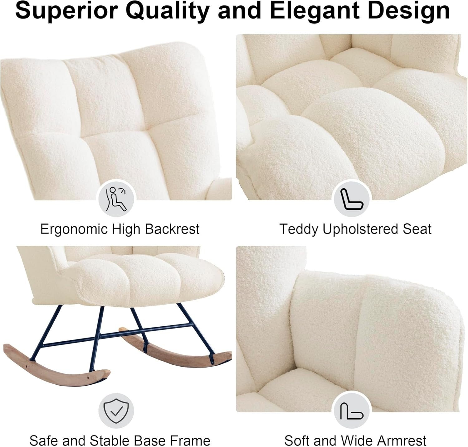 Rocking Chair Nursery Glider Comfy Armchair High Back Padded Seat Ivory Teddy