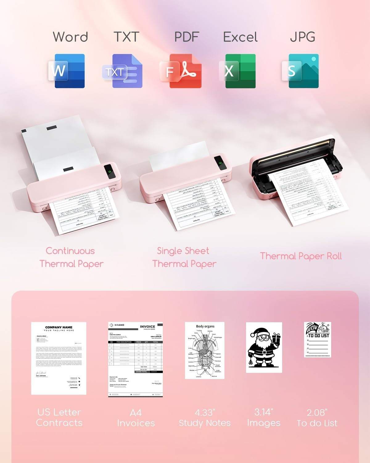 Portable A4 Thermal Printer Bluetooth Inkless 160 Sheets Pink